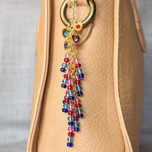 GOLD TONE MULTICOLORED BEADED CHARM FOR HANDBAG PURSE TOTE BACKPACK KEYCHAIN